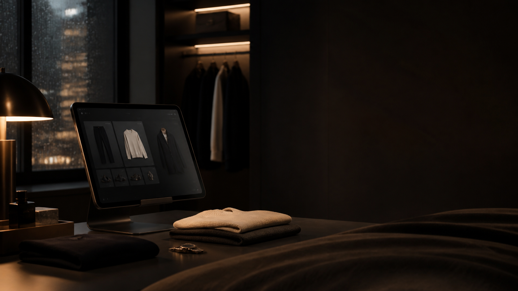 Ambient Drape concept showing an iPad wardrobe interface in a dark dressing room